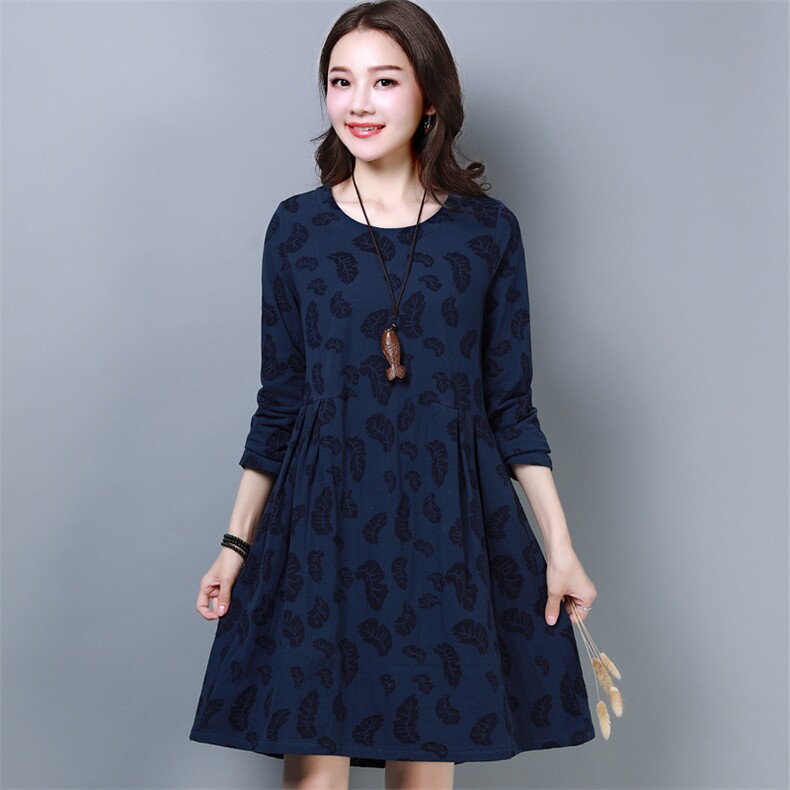 2021棉麻连衣裙文艺森女系中袖绣花刺绣宽松大码中长裙子,女装连衣裙,涵誉