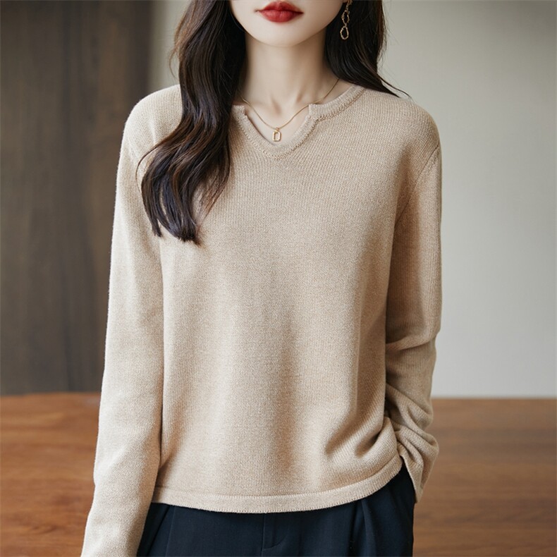 高品质100纯棉线V领针织衫女宽松显瘦加厚打底衫春秋新款全棉上衣，女装针织衫/毛衣，丹芙娇羊绒