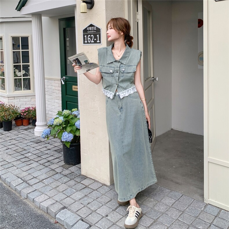 盐系穿搭休闲牛仔套装裙女2025夏季新款复古气质马甲半身裙两件套,女装套装/套裙,2D078