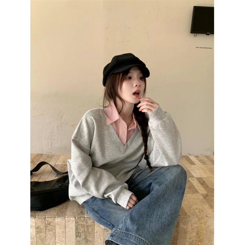 QC016-P55宽松套头百搭假两件早秋长袖卫衣韩系复古上衣女学生，女装卫衣/绒衫，星座617A-2