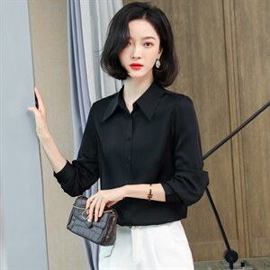 杏色衬衫女长袖春秋季2024年修身气质通勤百搭打底雪纺职业上衣图片