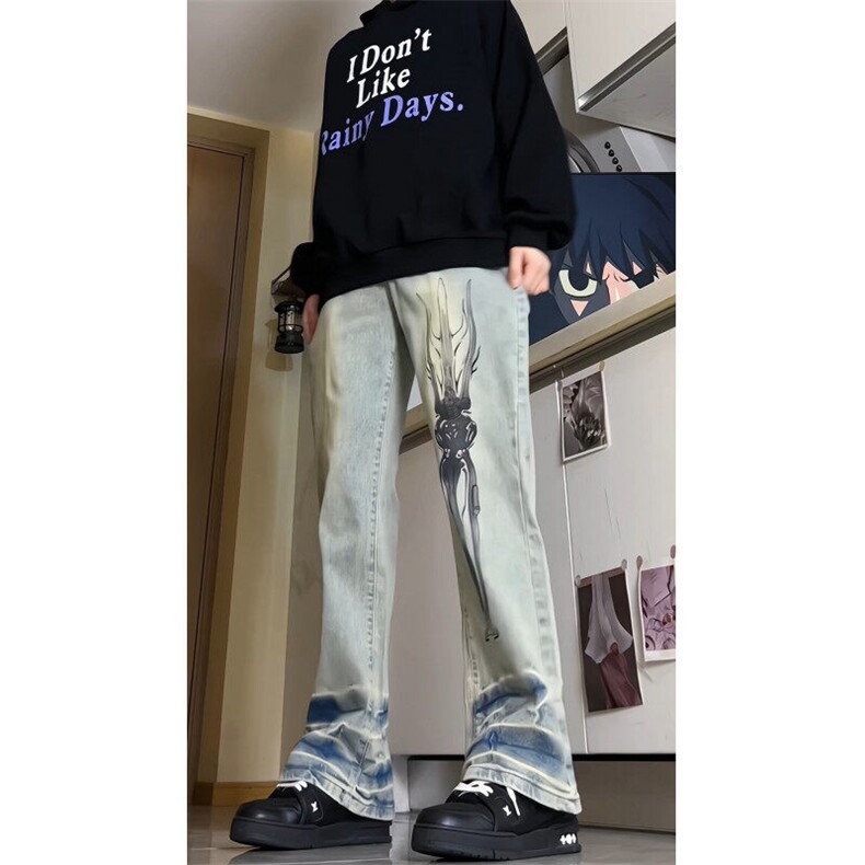 手绘涂鸦复古泥染做旧破洞直筒裤美式废土街头潮牛仔裤G351 p50图片