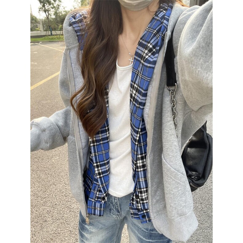 蓝色格子双层连帽卫衣男春秋季潮牌美式小众设计感假两件开衫外套,男装卫衣,星座1007（原301D）