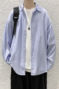 港风宽松休闲条纹百搭潮流长袖衬衫上衣男装D201-DM85-P45图片
