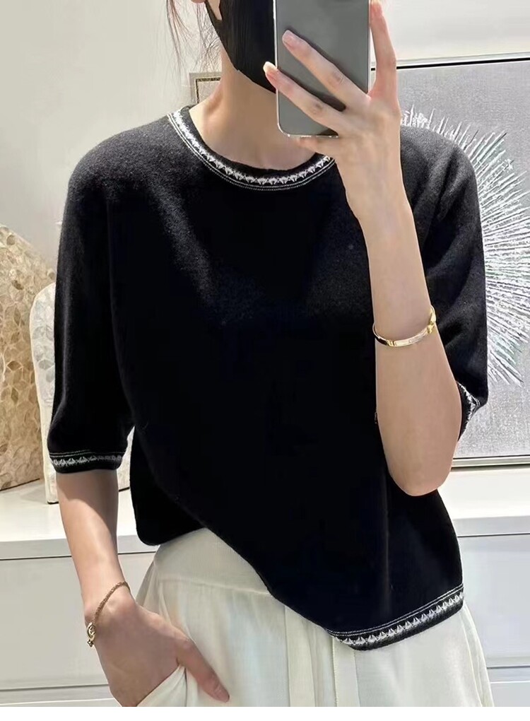 高级感十足~软糯羊毛针织短袖女拼色圆领宽松大码T恤半袖薄款上衣，女装羊毛衫，胜智羊绒