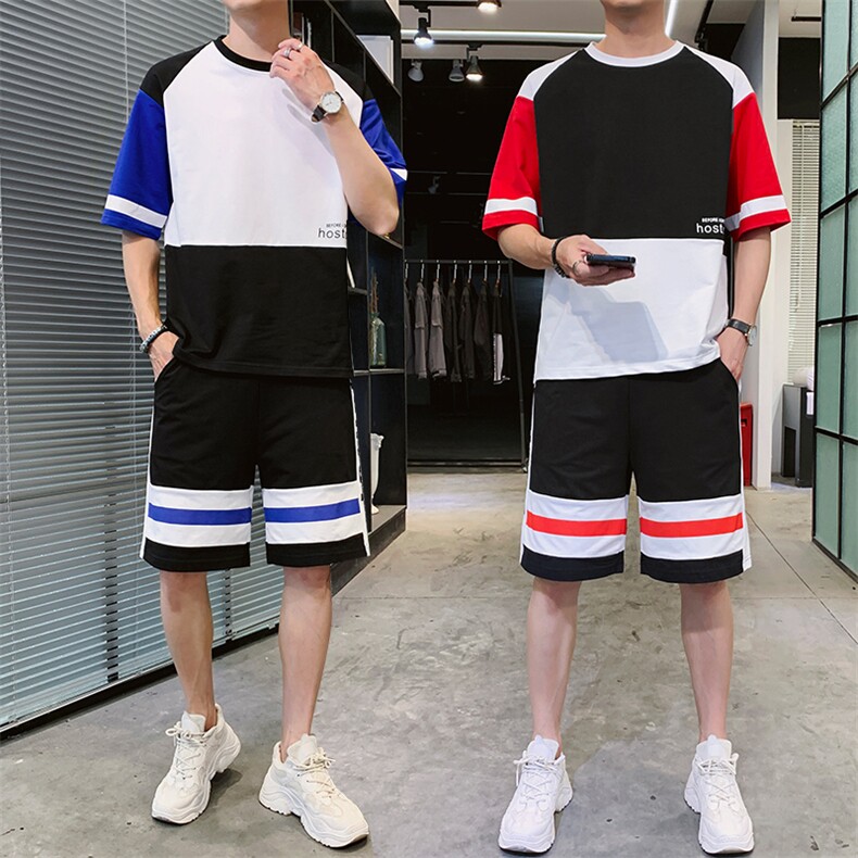 青少年新款夏季短袖短裤潮牌T恤套装男宽松圆领两件套F214P58，男装休闲套装，电商A086