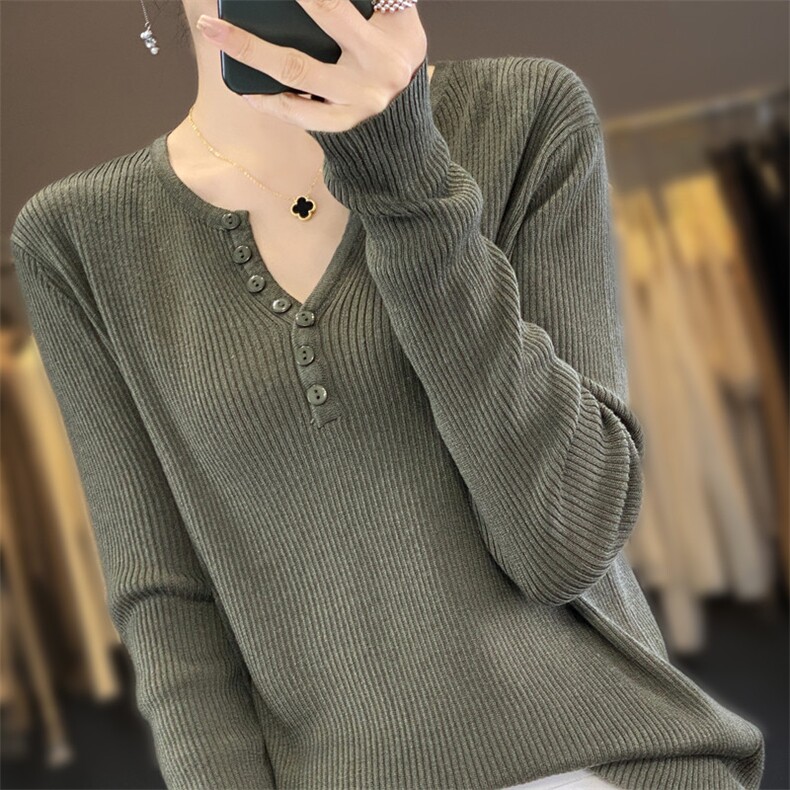 春秋新款V领羊毛衫女基础款宽松毛衣打底衫显瘦内搭长袖针织,针织衫/毛衣,雪真羊绒