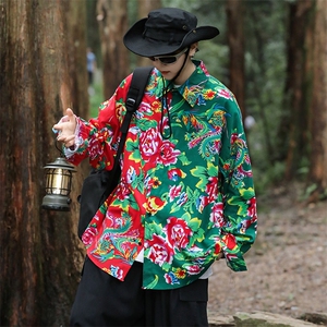 PC203男士休闲东北大花拼接长袖衬衫外套男女宽松寸衣汉服演出服图片