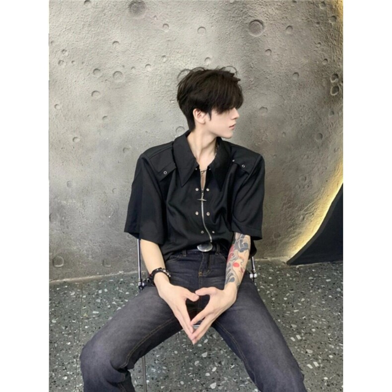 夏季小众金属解构设计感垫肩衬衫男女高级感痞帅宽松拉链短袖衬衣,男装衬衫,星座506A
