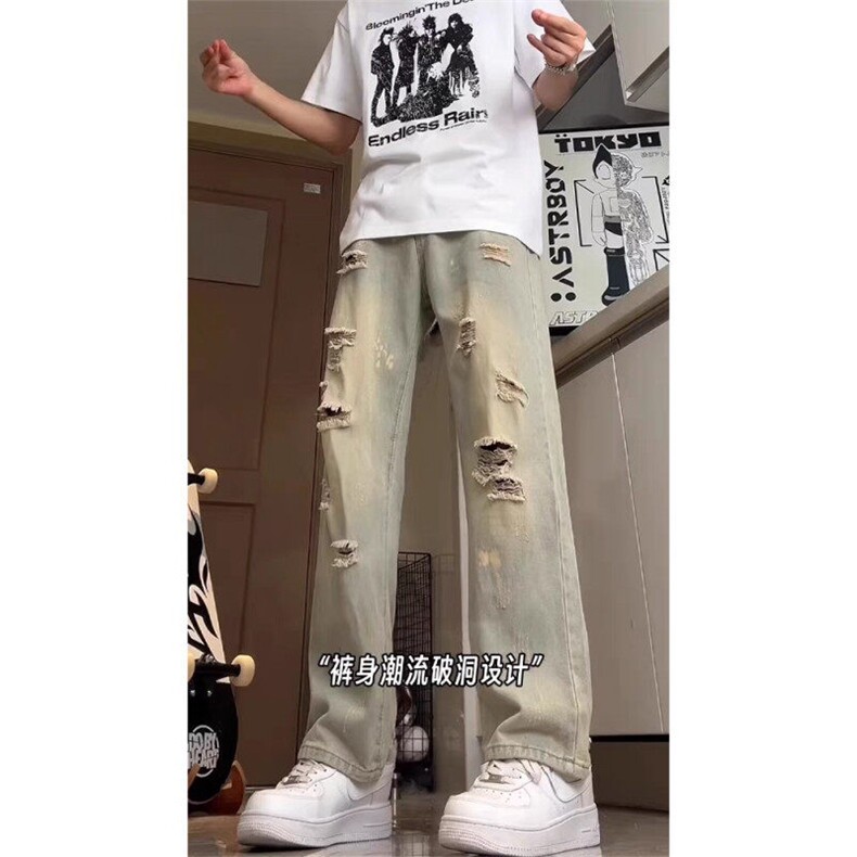 破洞牛仔裤男夏季薄款微喇裤潮牌美式高街漆点直筒裤WL0133-P45,男装牛仔裤,星座1008