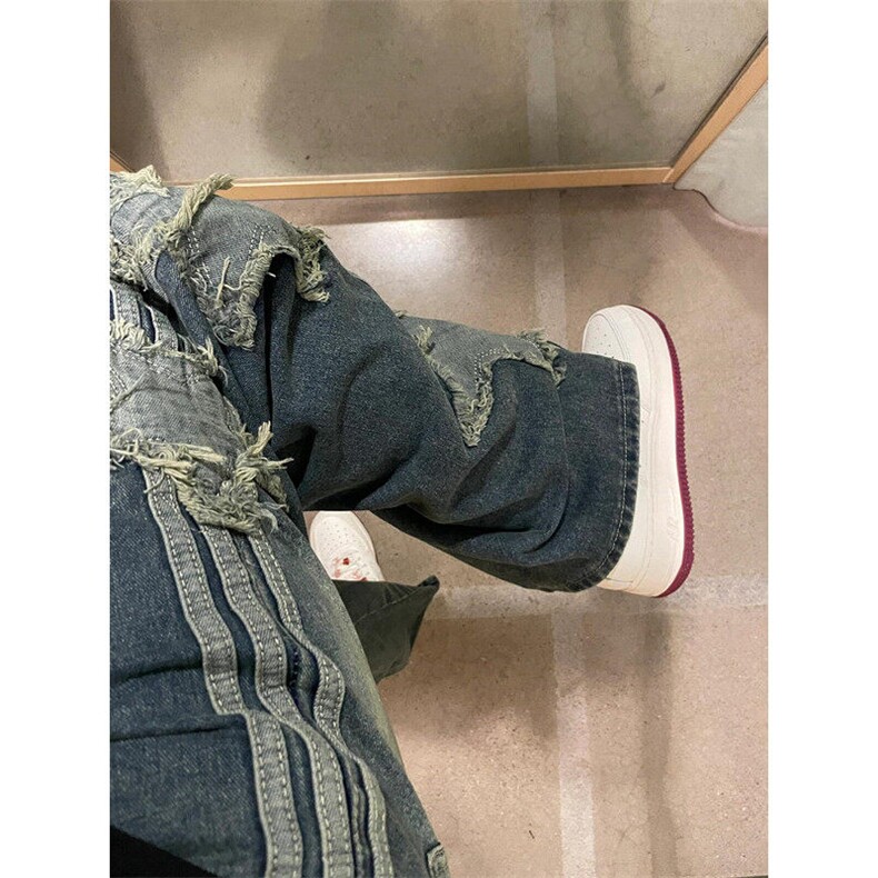 复古高街星星贴布拼接牛仔裤男女宽松直筒垂感阔腿长裤N914,男装牛仔裤,星座1116A（原606A-3）