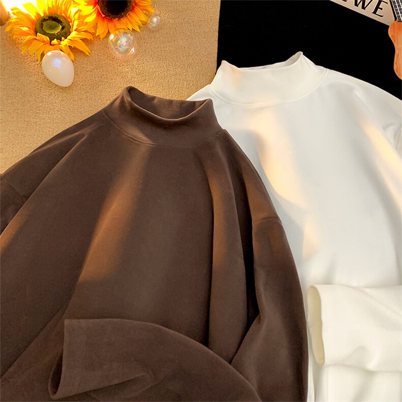 抖音得物品质260克精梳德绒保暖长袖T恤纯色半高领打底针织衫DR01，男装T恤，电商A486