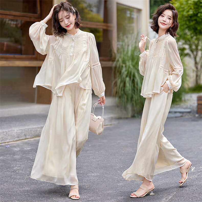 超仙时尚雪纺套装女2025春夏新款半透减龄显瘦流行阔腿裙裤三件套,女装套装/套裙,水衣源