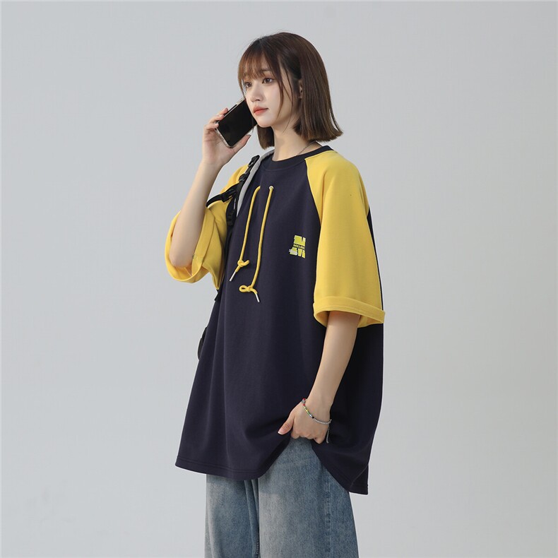 2025夏季简约拼色学院风港风短袖卫衣T恤T1026/P45控59-70棉30涤图片