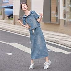 现货牛仔套裙2026年夏季新款女装时尚休闲连帽半裙两件套，女装套装/套裙，关键词