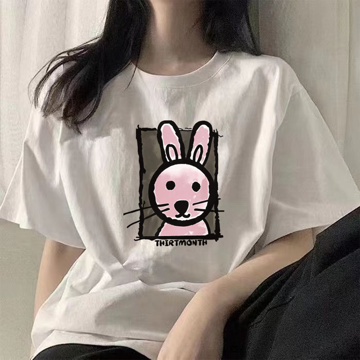 T0693-P25 呆萌兔兔卡通纯棉印花短袖 可爱减龄穿搭百搭T恤图片