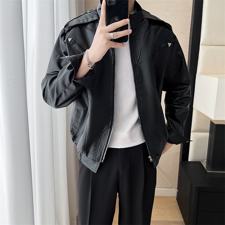 痞帅Pu皮衣小众设计感双拉链垫肩皮夹克男机车服秋冬外套 W632图片