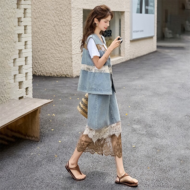 欧货蕾丝马甲半身裙套装女2025夏装新款宽松显瘦单排扣拼接三件套,女装套装/套裙,含赞