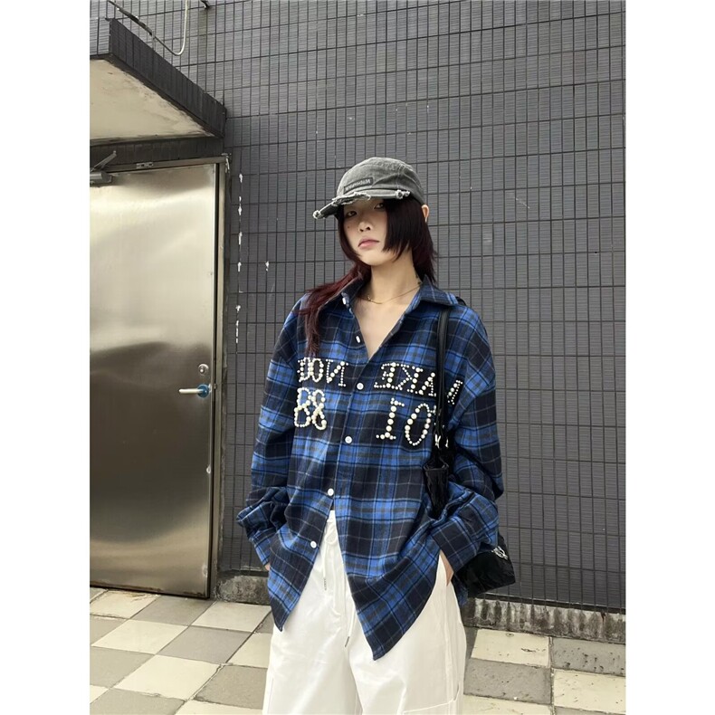 美式潮牌复古红色格子衬衫女春夏长袖防晒衬衣设计感宽松情侣外套,男装防晒衣,星座1210-1