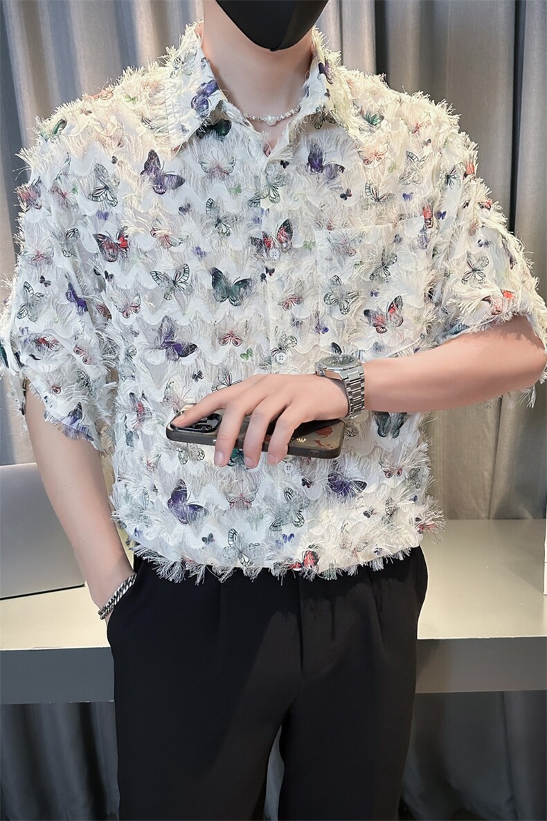 小伙宽松冰丝蝴蝶垂感衬衫男度假风短袖复古花衬衣A236--P50,男装衬衫,电商A236