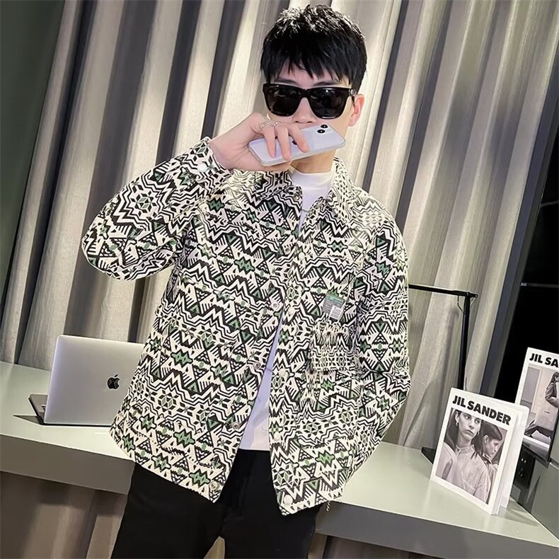 网红同款修身外套男休闲潮牌碎花上衣服春秋季精神小伙夹克JK31,男装夹克,星座1116A-2（原606A-1）