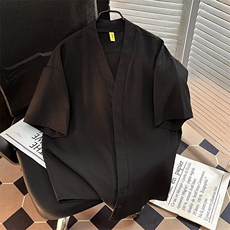 暗扣性感男士无领衬衫长袖痞帅高级感2025新中式纯色修身衬衣，男装工装外套，星座1013