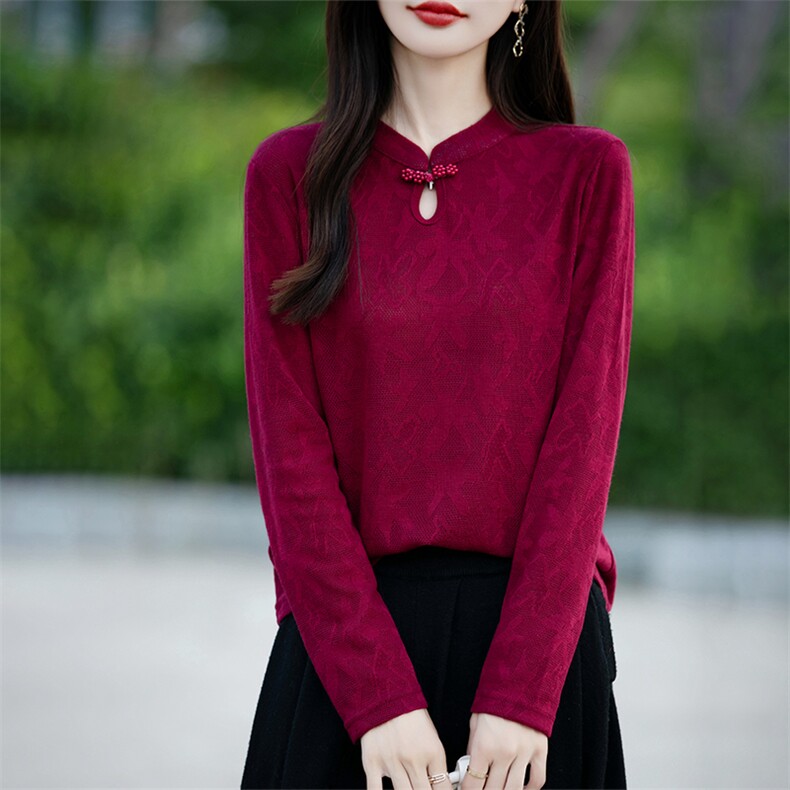 优雅女士秋冬打底衫纯色简约盘扣水滴领修身显瘦针织衫,针织衫/毛衣,绒宛羊绒