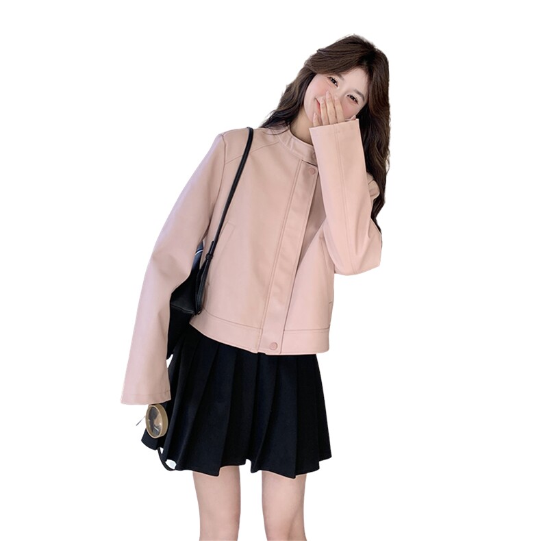 粉色短款PU皮衣夹克外套女2025春秋季新款韩版流行显瘦机车服上衣,女装皮衣,2C198