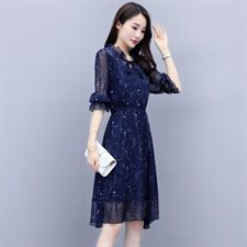 碎花2021年夏季系带时尚气质中长款百搭韩版优雅连衣裙，女装连衣裙，瑶迪依秀