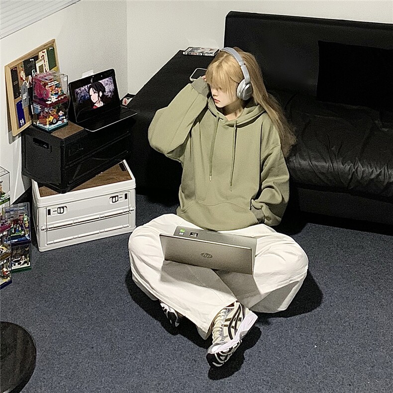 纯色加绒连帽卫衣女休闲宽松秋冬上衣D328-WY399-P38加绒款P48，女装卫衣/绒衫，电商D328