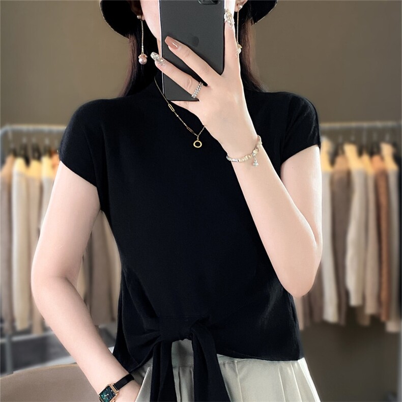 半高领系带蝴蝶结针织衫女夏季大码微胖妹妹薄款气质温柔显瘦上衣图片
