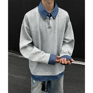 2026春季新款复古假两件Polo衫男老钱风条纹卫衣W5019-特P38控68图片