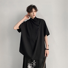 夏季现货男士大码新中式纯色斜开领口定扣衬衫短袖上衣CS29-P60，男装衬衫，电商A021