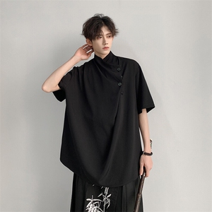 夏季现货 男士大码新中式纯色斜开领口定扣衬衫短袖上衣CS29-P60图片