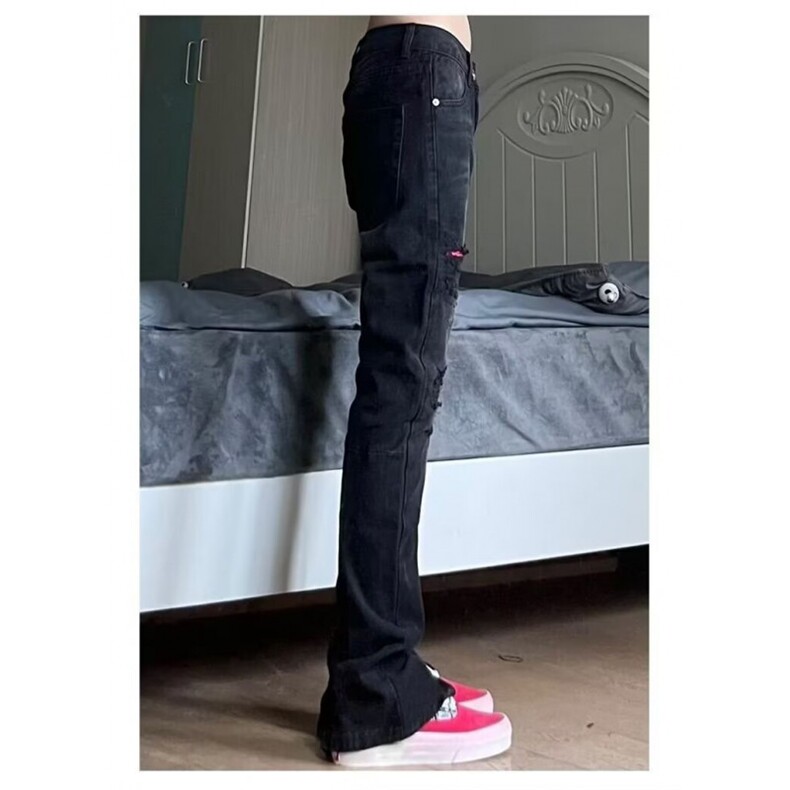 美式复古街头做旧修身黑色水洗破洞撞色牛仔裤S759P37,男装牛仔裤,星座1112-1