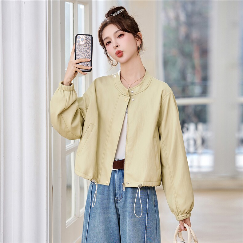 新款2026年春季短款皮衣抽绳宽松外套,女装皮衣,盈茜