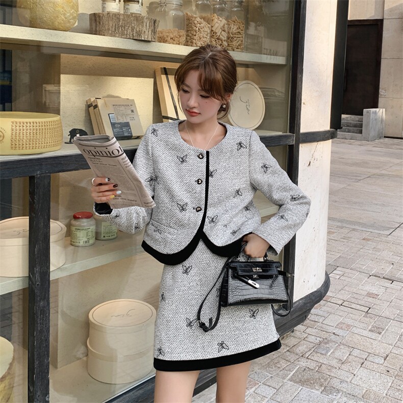 现货！刺绣小香风时尚套装女2024秋季新款女装两件套半身裙套裙子,女装套装/套裙,慧尚依恋