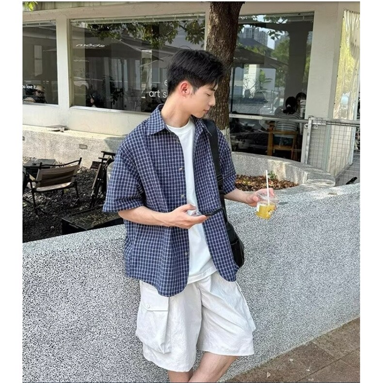 泡泡棉格子短袖衬衫男新款夏季百搭宽松休闲衬衣513ADC1960P38图片