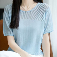 2025夏季镂空抽条短袖t恤女新款打底衫洋气大码女装冰丝针织上衣，女装T恤，萱芳婷羊绒