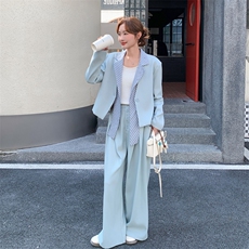 26春新款现-浅蓝温柔风拼接格子西装套装2628-P180K288，女装套装/套裙，2B190