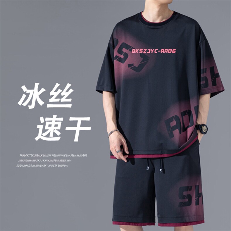 2025夏季新款无影墙大码假两件冰丝套装M-5XHQ25443-P65,男装休闲套装,电商A022