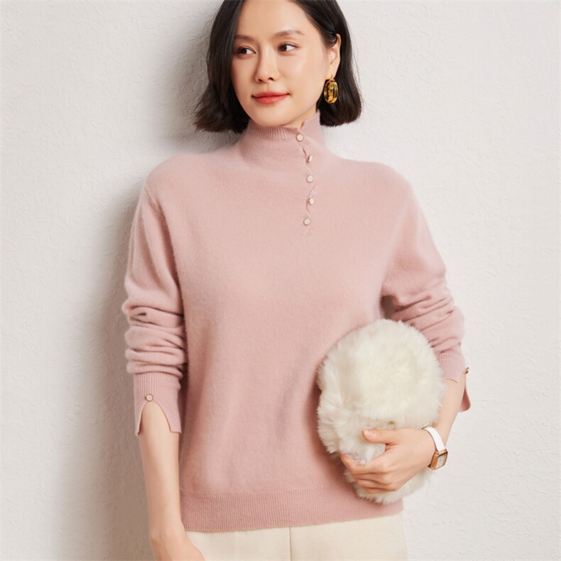 时尚女士高领套衫优雅扭扣设计显瘦修身开叉袖,女装羊绒衫,臻维羊绒