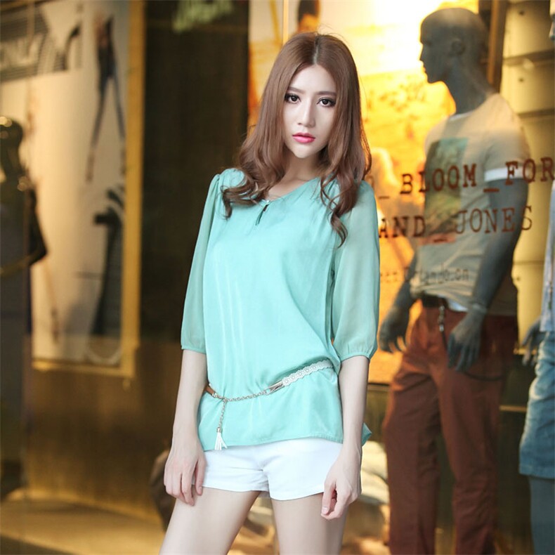 2024夏季纯色雪纺休闲淑女时尚修身清新减龄，女装蕾丝衫/雪纺衫，风姿绰