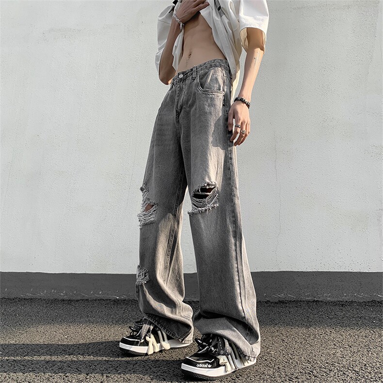 破洞牛仔裤男欧美vibe风痞帅直筒长裤美式高街复古裤子N01512-48，男装牛仔裤，星座308B-2