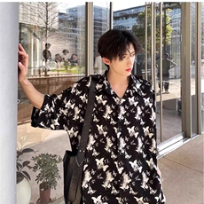 满印蝴蝶垂感短袖衬衫男夏季宽松休闲半袖衬衣，男装T恤，星座1210-1