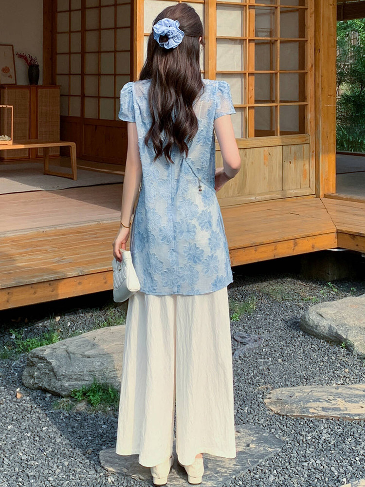 新中式g风套装女2026夏季流行复古印花盘扣旗袍上衣阔腿裤两件套,女装套装/套裙,心心服饰