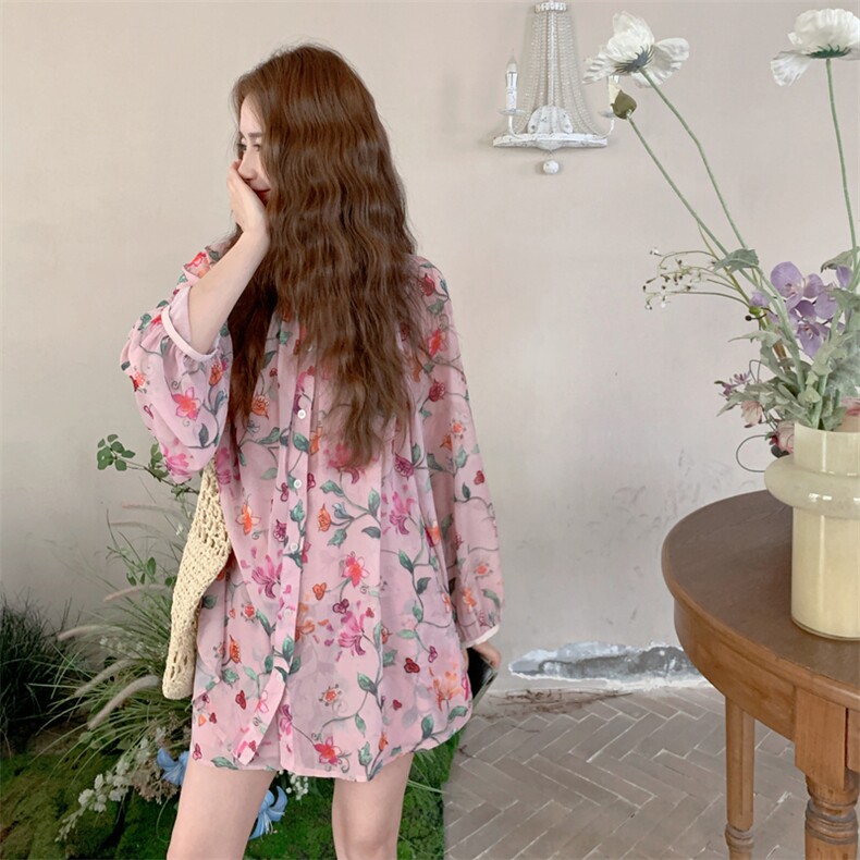 粉色轻薄印花防晒衬衫套装女2025夏季新款韩版减龄休闲短裤三件套,女装套装/套裙,卡莱