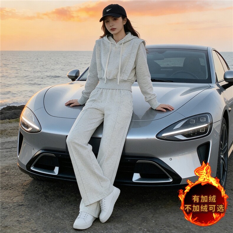 欧货时尚气质套装女秋冬新款收腰显瘦短款连帽卫衣阔腿长裤两件套,女装套装/套裙,2C310