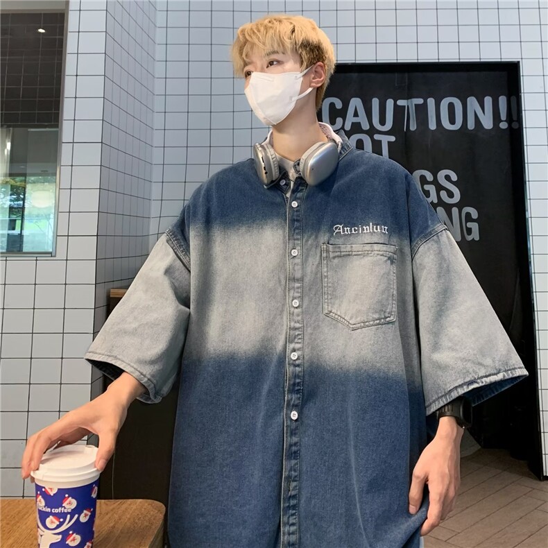 五分袖夏季潮流气质新款青春流行潮衬衫标准方领原宿纯色男简约图片