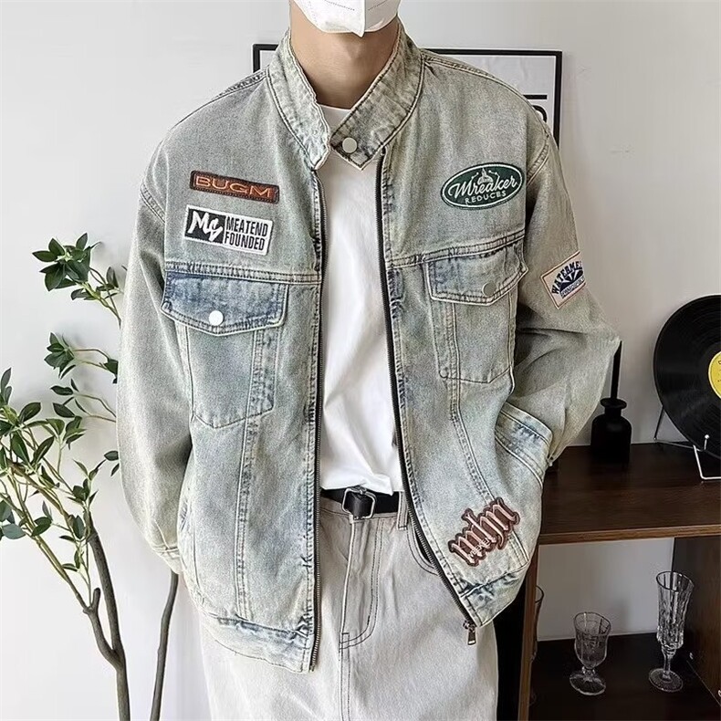 美式复古刺绣牛仔外套女春秋2025新款宽松休闲vintage立领机车服图片